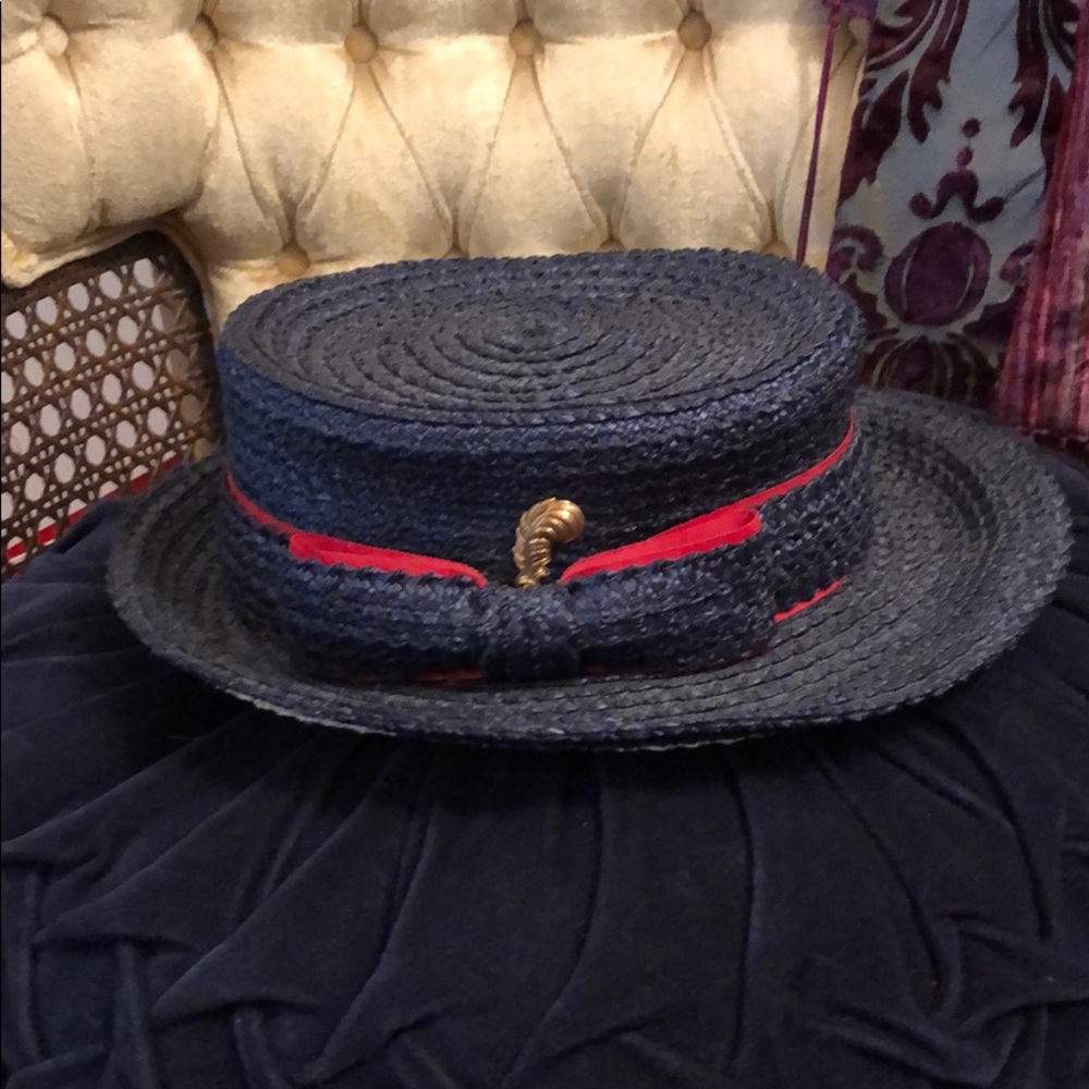 Vintage Chanda Sailor Hat Blue Red Woven Raffia